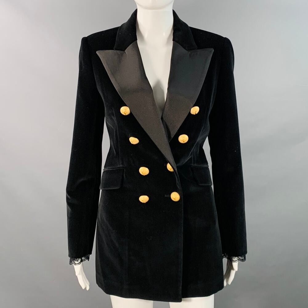 S Herencias del Alma Black Cotton Velvet Double Breasted Peak Lapel Coat